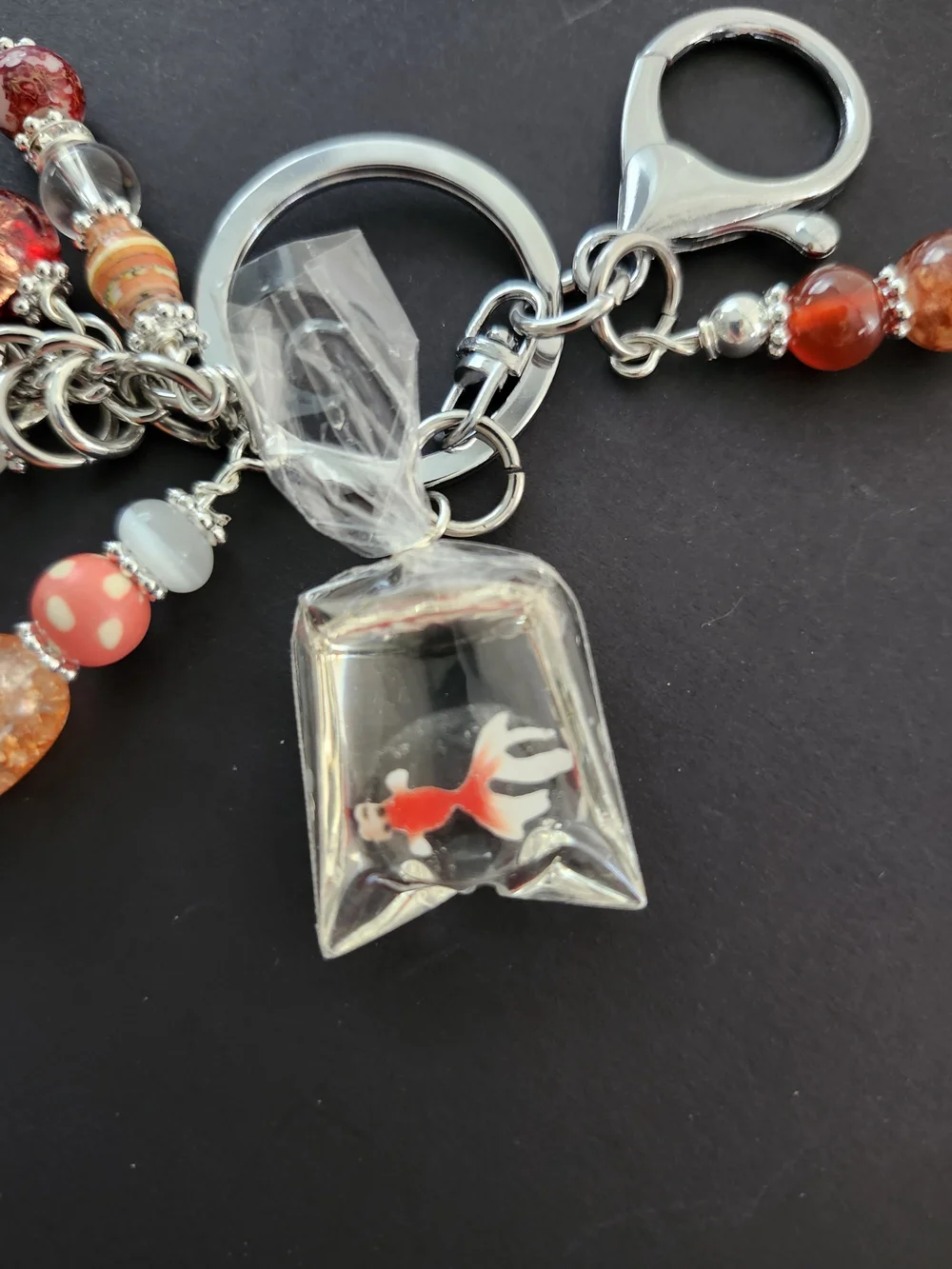 Goldfish In A Bag Purse Charm or Keychain Fire Agate Carnelian Handcrafted